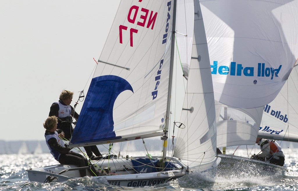 Steven le Fevre and Steven krol ahead of Sven and Kalle Costa, 470. <br />
 © Richard Langdon /Ocean Images http://www.oceanimages.co.uk