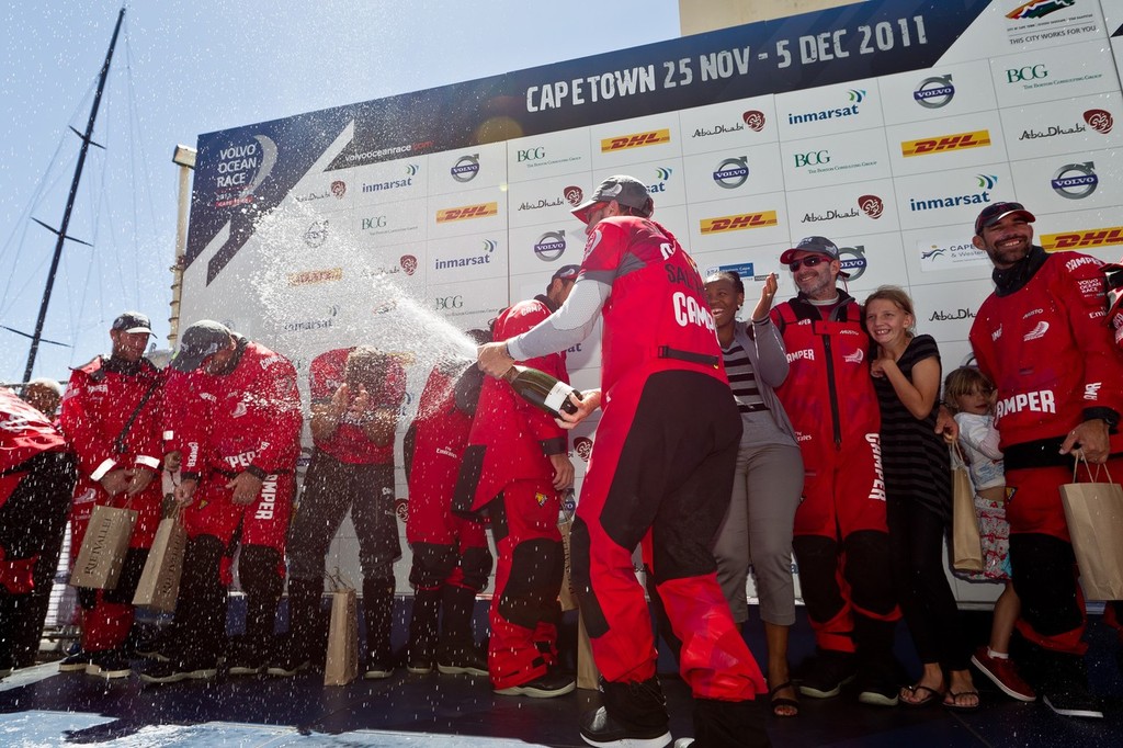 Camper with Emirates Team New Zealand, skippered by Chris Nicholson celebrates finishing  second on leg 1 of the Volvo Ocean Race 2011-12 © Ian Roman/Volvo Ocean Race http://www.volvooceanrace.com