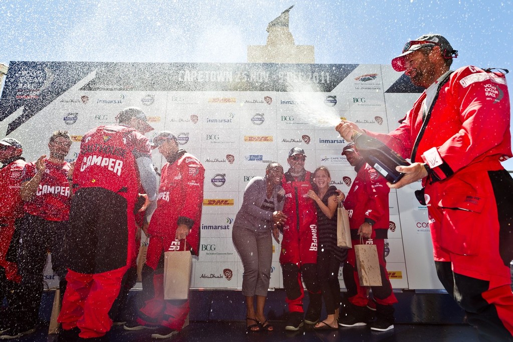 Camper/ETNZ celebrate after finishing  second on leg 1 of the Volvo Ocean Race 2011-12 from Alicante, Spain to Cape Town, South Africa, at 10:48:04 UTC. © Ian Roman/Volvo Ocean Race http://www.volvooceanrace.com