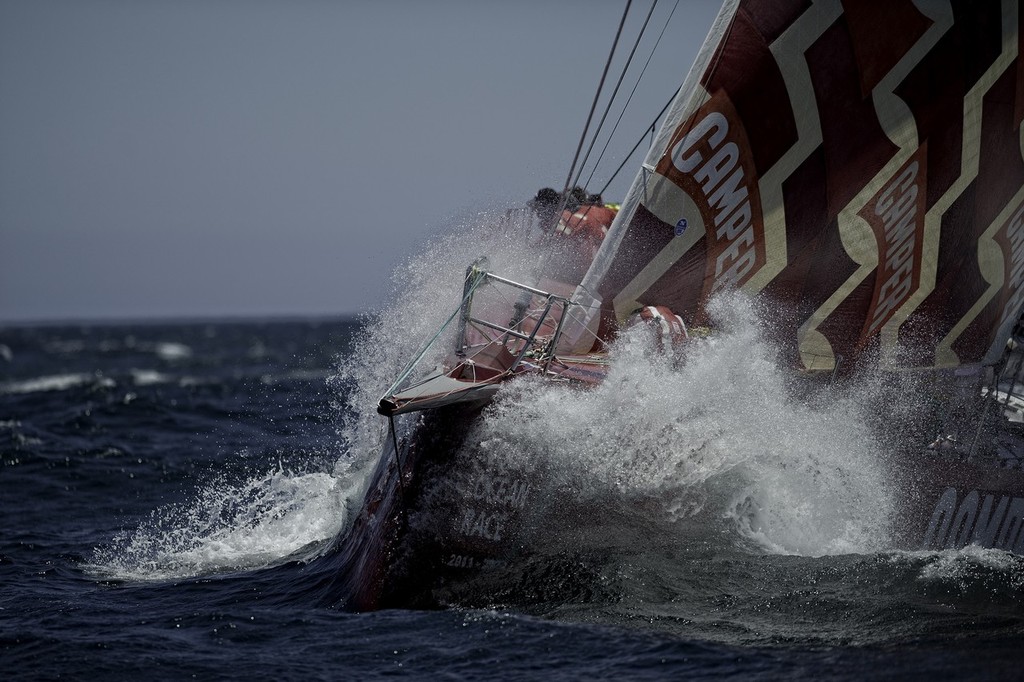 Camper with Emirates Team New Zealand,  finishes second on leg 1 of the Volvo Ocean Race 2011-12 from Alicante, Spain to Cape Town, South Africa, at 10:48:04 UTC. © Paul Todd/Volvo Ocean Race http://www.volvooceanrace.com