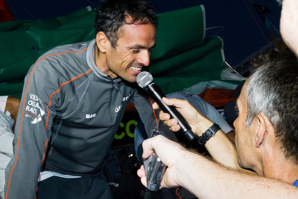 Franck Cammas interviewed after finishing third on leg 1 of the Volvo Ocean Race 2011-12, from Alicante, Spain, to Cape Town, South Africa at 17:28:31 UTC.  © Ian Roman/Volvo Ocean Race http://www.volvooceanrace.com