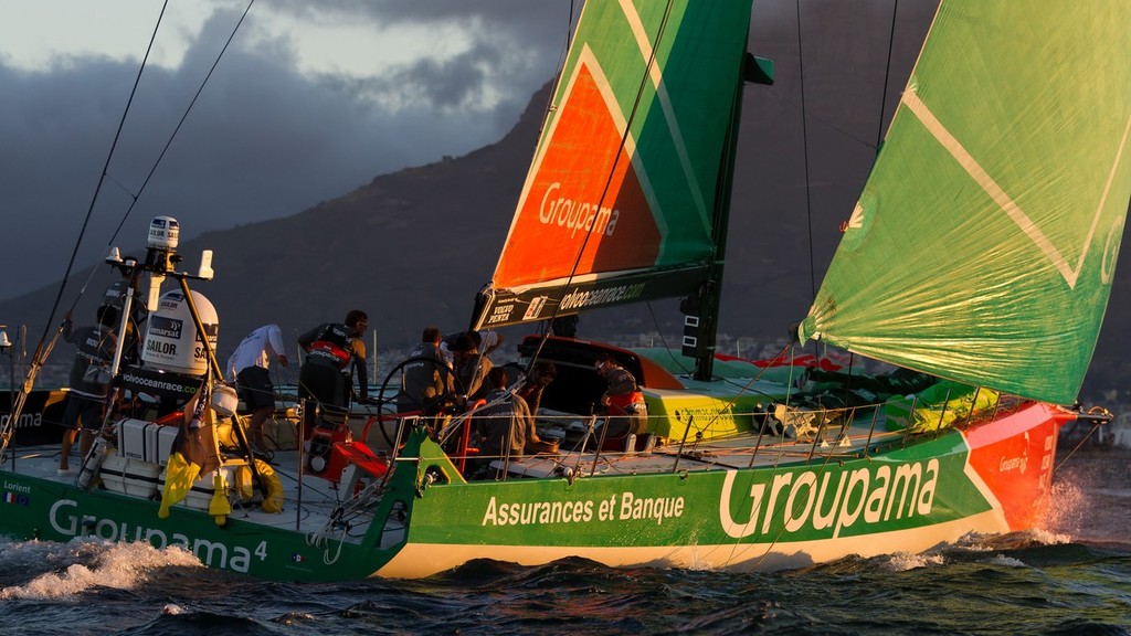 Groupama Sailing Team, skippered by Franck Cammas on her way to finish third on leg 1 of the Volvo Ocean Race 2011-12, from Alicante, Spain, to Cape Town, South Africa at 17:28:31 UTC.  © Ian Roman/Volvo Ocean Race http://www.volvooceanrace.com