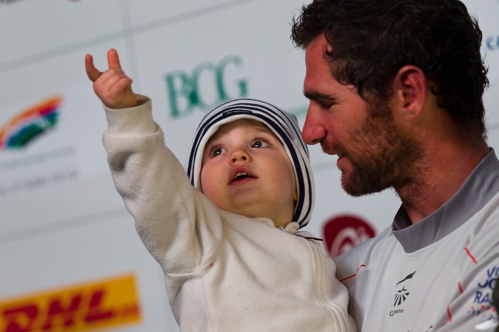 Groupama crew are re-united with their family after finishing third on leg 1 of the Volvo Ocean Race 2011-12, from Alicante, Spain, to Cape Town, South Africa at 17:28:31 UTC.  © Ian Roman/Volvo Ocean Race http://www.volvooceanrace.com
