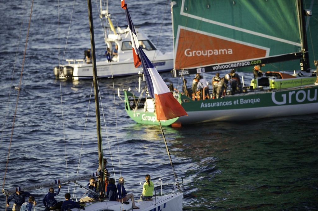 Groupama Sailing Team, skippered by Franck Cammas on her way to finish third on leg 1 of the Volvo Ocean Race 2011-12, from Alicante, Spain, to Cape Town, South Africa at 17:28:31 UTC.  © Paul Todd/Volvo Ocean Race http://www.volvooceanrace.com