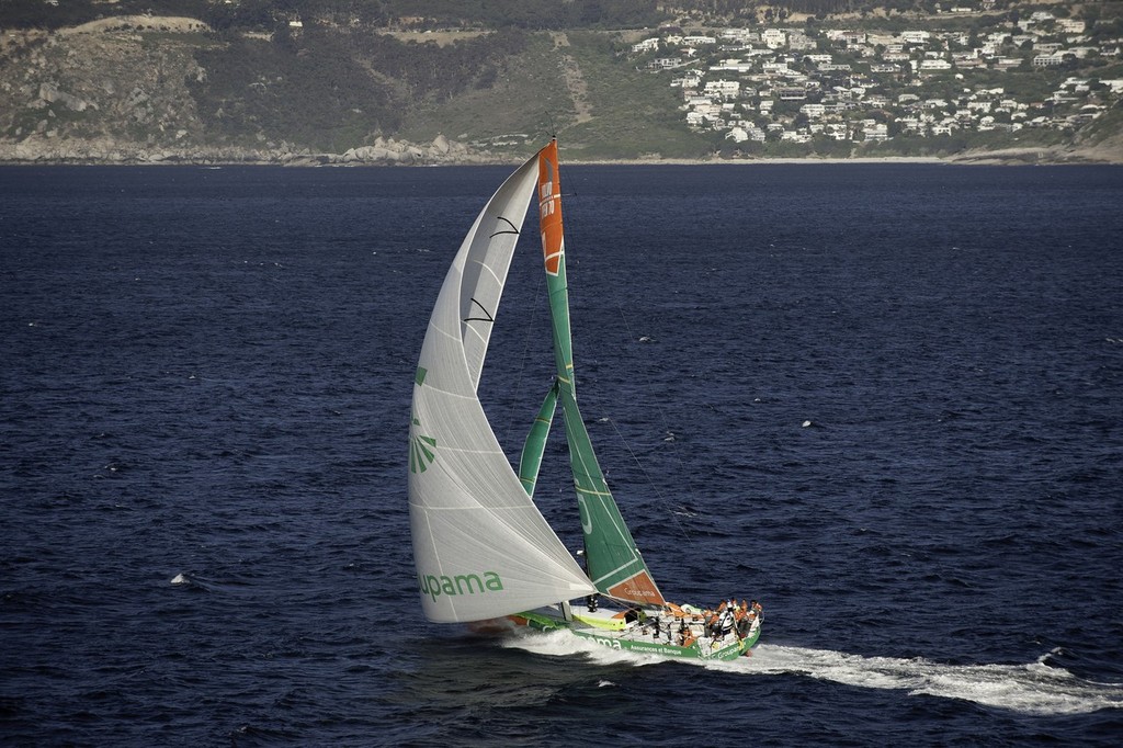Groupama Sailing Team, skippered by Franck Cammas on her way to finish third on leg 1 of the Volvo Ocean Race 2011-12, from Alicante, Spain, to Cape Town, South Africa at 17:28:31 UTC.  © Paul Todd/Volvo Ocean Race http://www.volvooceanrace.com
