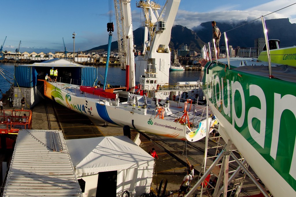 Team Sanya arrive in Cape Town after retiring from leg 1 due to severe damage. Team Sanya are currently building a replacement bow section that will be fitted over the coming days.  (Photo Credit must read: IAN ROMAN/Volvo Ocean Race) photo copyright Ian Roman/Volvo Ocean Race http://www.volvooceanrace.com taken at  and featuring the  class