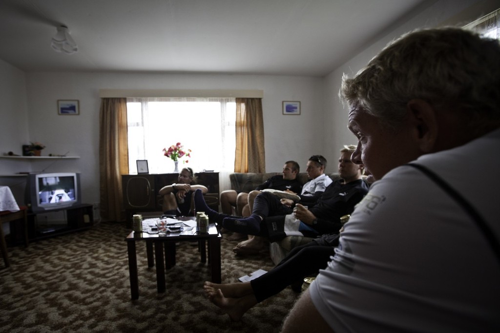 Tony Mutter and crew watching TV in the team’s Tristan da Cunha housing.  © Amory Ross/Puma Ocean Racing/Volvo Ocean Race http://www.puma.com/sailing