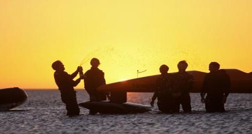 Vestas Sailrocket 2 in Namibia - champagne on hitting 40 knots © Vestas Sailrocket - copyright http://www.sailrocket.com