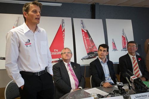 Emirates Team New Zealand skipper, Dean Barker speaks at the press conference to announce their participation in the 33rd America’s Cup and the signing of Nespresso as a sponsor. (L to R) Dean Barker, Richard Vaughan DSVP commercial ops Emirates Airline, Guillaume Cheneau NZ country Manager Nespresso, Bob Field Chairman Toyota New Zealand.  © Chris Cameron/ETNZ http://www.chriscameron.co.nz