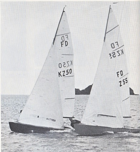 Geoff Smale (KZ-50) helms Takapuna to a narrow win in the 1968 Olympic Trials, he pioneered the use of tell-tales which could be seen on both sides of the sail. © SW