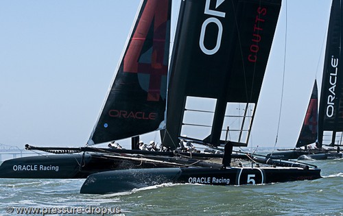 Oracle Racing’s newly painted A 45s get some play time on SF Bay © Erik Simonson www.pressure-drop.us http://www.pressure-drop.us