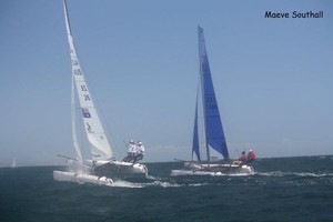Nacra F18, Mick Guinea looks behind with Dale Mitchell to windward - 33rd Nacra Catamaran Nationals photo copyright Maeve Southall taken at  and featuring the  class