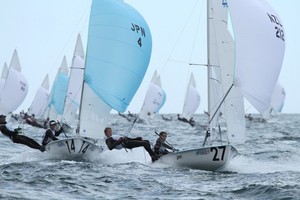 Paul Snow-Hansen and Jason Saunders leading the 470 fleet downwind. Photo by Ocean Images. photo copyright Alex Ocean Images taken at  and featuring the  class