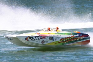 'Zipp Express', Bruce Walter (driver) and Cy Mugford (throttles) aboard on its way to winning P2 off Clearwater Beach. - Clearwater offshore race photo copyright Rodrick Cox taken at  and featuring the  class