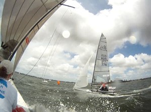Hunt Leather and Strait4devils negotiate a tight mark rounding after Wing It capsized on the mark. - Bohaul Express Australian B14 National Champs 2011-12 photo copyright Adrian Beswick taken at  and featuring the  class