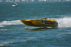 Rob Vesper (driver) and Dan Crank (throttles) piloted 'Warpaint' to the chequered flag in Superboat 750. - Clearwater offshore race photo copyright Rodrick Cox taken at  and featuring the  class