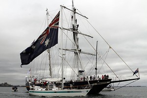 Windspirit flying her America's Cup Australia II flag past the Young Endeavour - Audi Victoria Week 2011 photo copyright Teri Dodds /Audi Victoria Week http://www.teridodds.com taken at  and featuring the  class