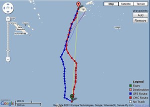 VOR70 Camper route options - 0800hrs 6 June 2011 Auckland - Musket Cove, Fiji Race photo copyright PredictWind.com www.predictwind.com taken at  and featuring the  class