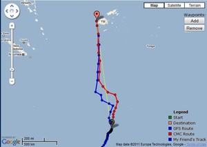 Predictwind’s route options for TeamVodafoneSailing as of 0800hrs on 7 June 2011 - Auckland Musket Cove, Fiji Race photo copyright PredictWind.com www.predictwind.com taken at  and featuring the  class