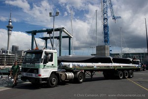The first AC45 hulls arrive at the Oracle base in Auckland&rsquo;s Viaduct basin. photo copyright Chris Cameron www.chriscameron.co.nz taken at  and featuring the  class