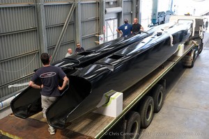 The first AC45 hulls arrive at the Oracle base in Auckland&rsquo;s Viaduct basin. photo copyright Chris Cameron www.chriscameron.co.nz taken at  and featuring the  class