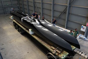 The first AC45 hulls arrive at the Oracle base in Auckland&rsquo;s Viaduct basin. photo copyright Chris Cameron www.chriscameron.co.nz taken at  and featuring the  class