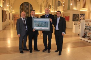 (l to r): Cllr Royston Smith, Leader of Southampton City Council, Councillor John Hannides, Cabinet Member for Leisure and Culture, Clipper Chairman, Sir Robin Knox-Johnston, and Dean Smith, Marketing Director, MDL Marinas celebrate Southampton’s successful bid to host the Clipper 11-12 race finish. photo copyright OnEdition/Southampton City Council taken at  and featuring the  class