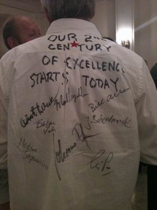 Fried Elliott in the lobby at the final day of the 2011 International Sailing Federation Mid-Year Meeting in Saint Petersburg, Russia. His shirt reads, ``Our 2nd Century of Excellence Begins Today” and was signed by all Star sailors in attendance at the meeting. Photo by Barbara Beigel-Vosbury photo copyright SW taken at  and featuring the  class