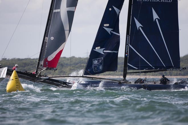 Groupe Edmond De Rothschild, crashing into Artemis Racing - Extreme Sailing Series Cowes © Lloyd Images http://lloydimagesgallery.photoshelter.com/