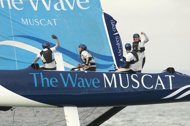 Leigh McMillan and crew onboard The Wave Muscat celebrating after winning Act 5 in Cowes &copy; Lloyd Images http://lloydimagesgallery.photoshelter.com/
