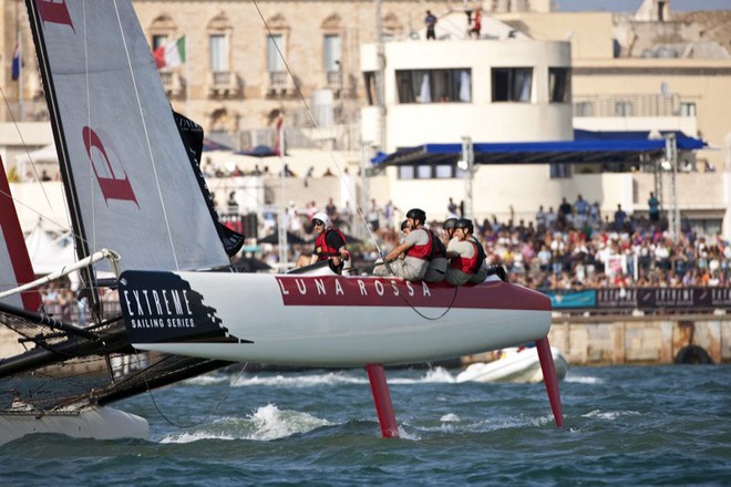 Luna Rossa racing in front of cheering fans - Extreme Sailing Series 2011 Act 6<br />
 &copy; Lloyd Images http://lloydimagesgallery.photoshelter.com/