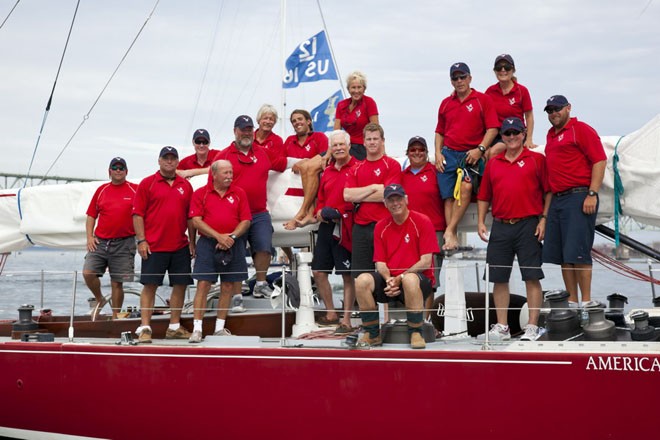 Ted Turner (middle) and Gary Jobson (sitting) reunite aboard American Eagle, overall winner at the 2011 12 Metre North American Championships © Billy Black http://www.BillyBlack.com