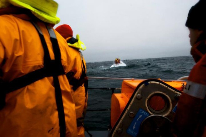 Rambler 100 capsize Fastnet Rock August 2011 © Nigel Millard/RNLI Baltimore http://www.baltimorelifeboat.ie/