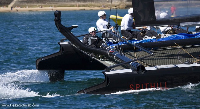 Bob Fisher gets close to the latest America’s Cup action riding in the shotgun seat with James Spithill and Oracle Racing at Cascais, Portugal © Heike Schwab http://www.HeikeSchwab.com