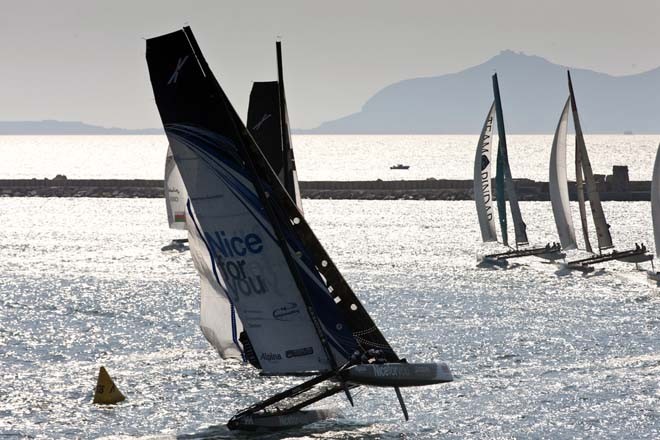 Niceforyou flying a hull on day 3 of Act 6 in Trapani - Extreme Sailing Series 2011 &copy; Lloyd Images http://lloydimagesgallery.photoshelter.com/