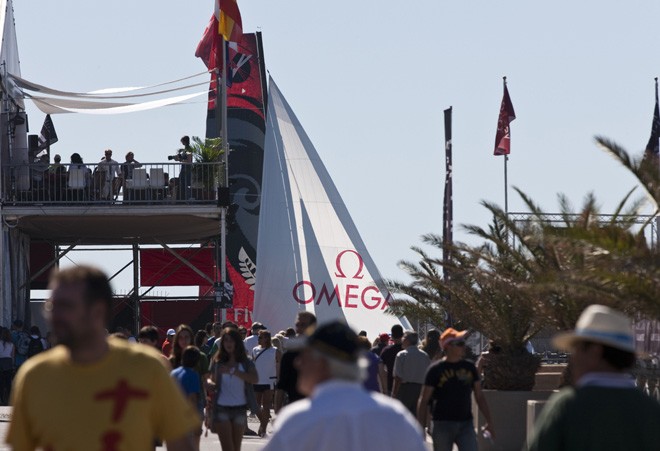 Emirates Team New Zealand sailing past the race village - Extreme Sailing Series 2011 Act 8 &copy; Lloyd Images http://lloydimagesgallery.photoshelter.com/
