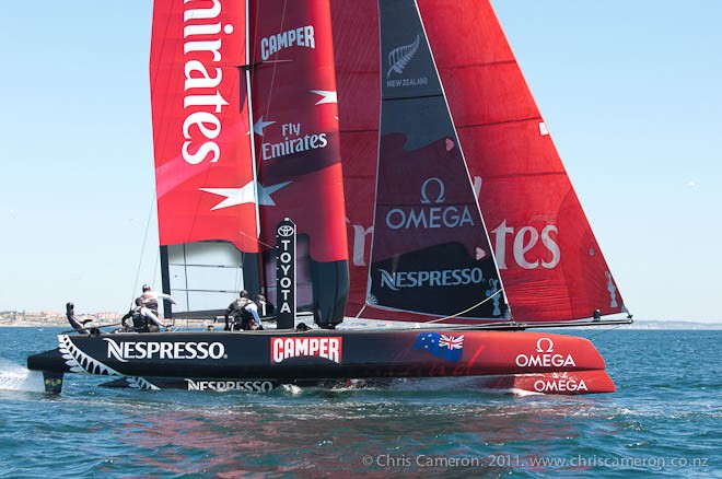 Emirates Team New Zealand in the 40 minute race of the preliminaries for the first America’s Cup World Series event in Cascais. 7/8/2011 - America’s Cup World Series - Day 2 - Cascais © Chris Cameron/ETNZ http://www.chriscameron.co.nz