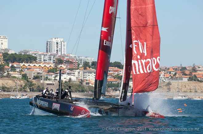 Emirates Team New Zealand in the 40 minute race of the preliminaries for the first America’s Cup World Series event in Cascais. 7/8/2011 - America’s Cup World Series - Day 2 - Cascais © Chris Cameron/ETNZ http://www.chriscameron.co.nz