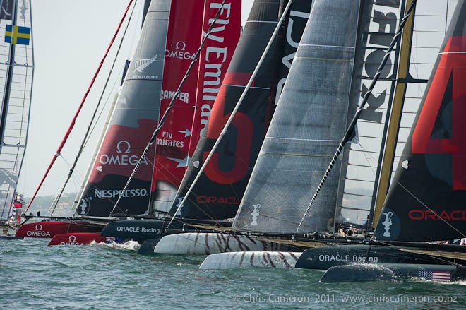 Starting clean in the second fleet race of day four of the America’s Cup World Series in Cascais, Portugal. 11/8/2011 © Chris Cameron/ETNZ http://www.chriscameron.co.nz