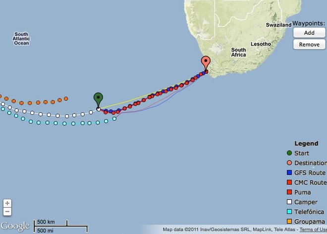 Positions as at 2000hrs GMT on 24 November - despite being shown as apparently equal Camper is projected to be around 100nm astern of Telefonica at the finish in 48 hours time © PredictWind.com www.predictwind.com