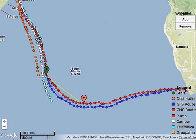 The Green pin marks Puma’’s current position. The Orange pin marks Tristan da Cunha and the tracks show Puma’’s course projection using current weather data. The island group are not really a diversion for her. &copy; PredictWind.com www.predictwind.com