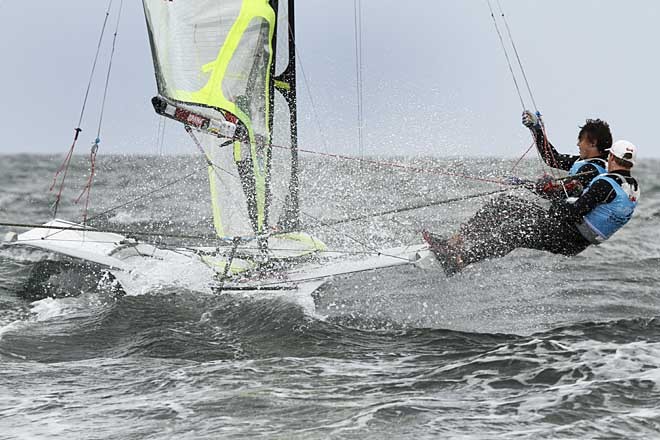 Outteridge and Jensen heading into some Port Phillip Bay choppy seas. - ISAF Sailing World Cup - Sail Melbourne 2011 © Teri Dodds - copyright http://www.teridodds.com