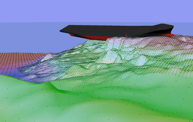 Graphic showing how Rena is grounded on Astrolabe Reef. - Rena Disaster - 18 October 2011 © Maritime NZ www.maritimenz.govt.nz