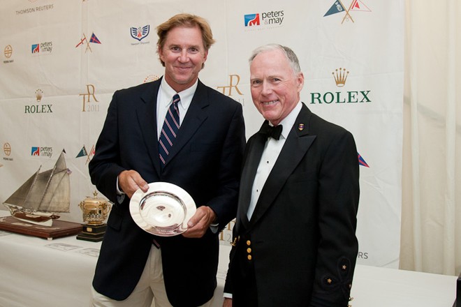 PUMA’s Mar Mostro skipper Ken Readand Robert Towse, Jr., commodore of the New York Yacht Club, during theTransatlantic Race 2011 prizegiving ceremony. © Paul Wyeth / www.pwpictures.com http://www.pwpictures.com
