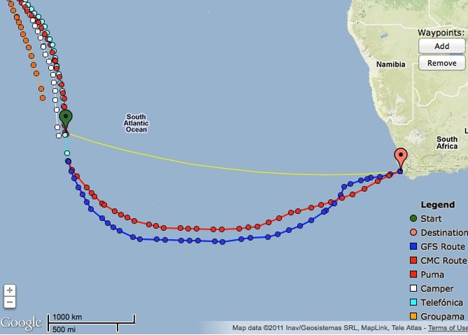 Puma’s latest position at the point of the green indicator. The optimum route is shown for the race leader Telefonica. The white track is for Camper, now in second place. © PredictWind.com www.predictwind.com