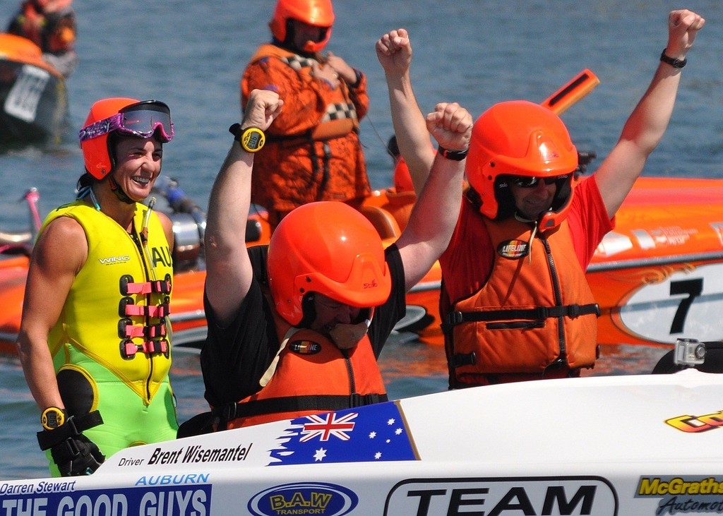 Leanne Campbell looking fairly composed after wining Women's F2, but her boat crew, Brent Wisemantel and Andrew Fyfe were already planing a 'hot' celebration.  - world ski race titles photo copyright Derek Mountney taken at  and featuring the  class