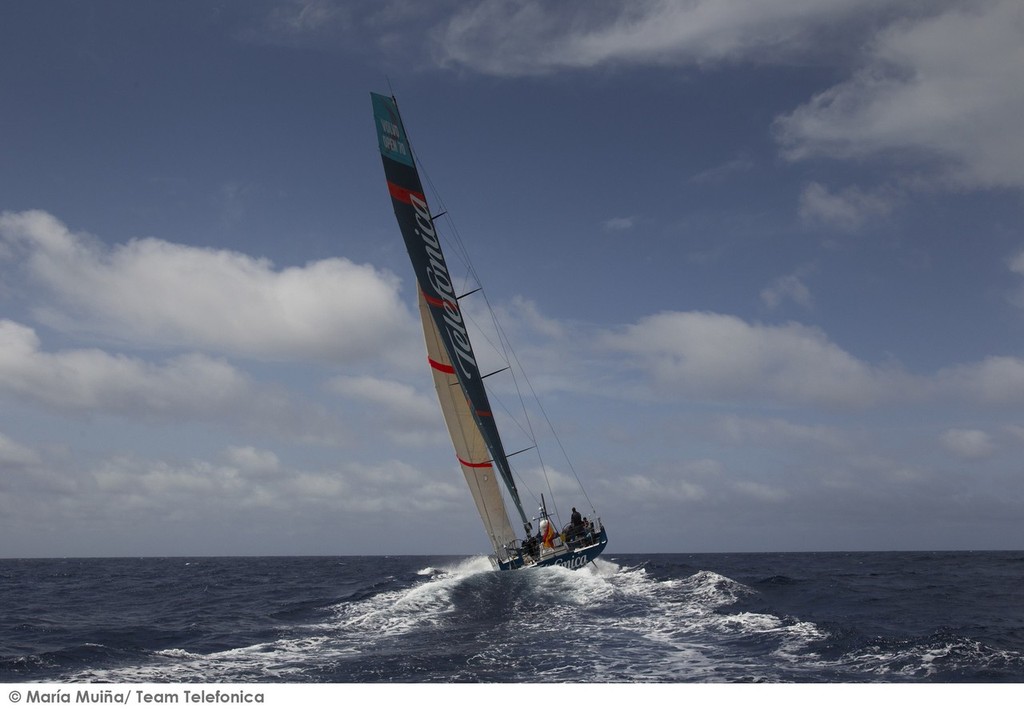 Team Telefonica leaving Marina Rubicon in Lanzarote for Sanxenxo, to continue training for the Volvo Ocean race 2011-12 © Maria Muina/Equipo Telefonica