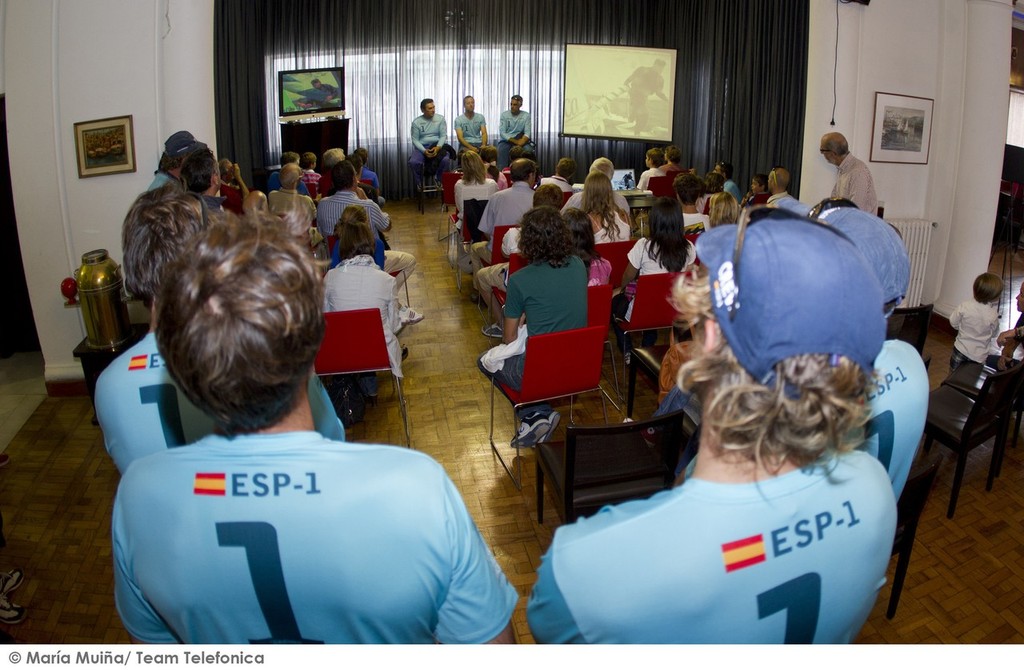 Representatives from the council of Vigo, Xunta de Galicia and Real Club Nautico de Vigo receive Team Telefonica as they finish their sail from Lanzarote, to Sanxenxo. © Maria Muina/Equipo Telefonica