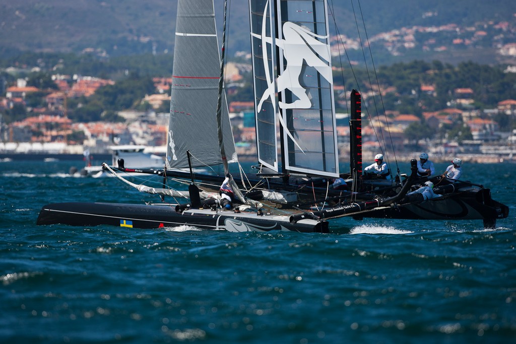 August 7th 2011, AC45 World Series, Second day of the Americas Cup World Series. One fleet race, followed by speed runs in front of the city front. photo copyright Sander van der Borch / Artemis Racing http://www.sandervanderborch.com taken at  and featuring the  class