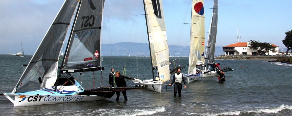 On the beach in finishing order - Day 5 of the International 18ft skiff series, San Francisco © Rich Roberts http://www.UnderTheSunPhotos.com